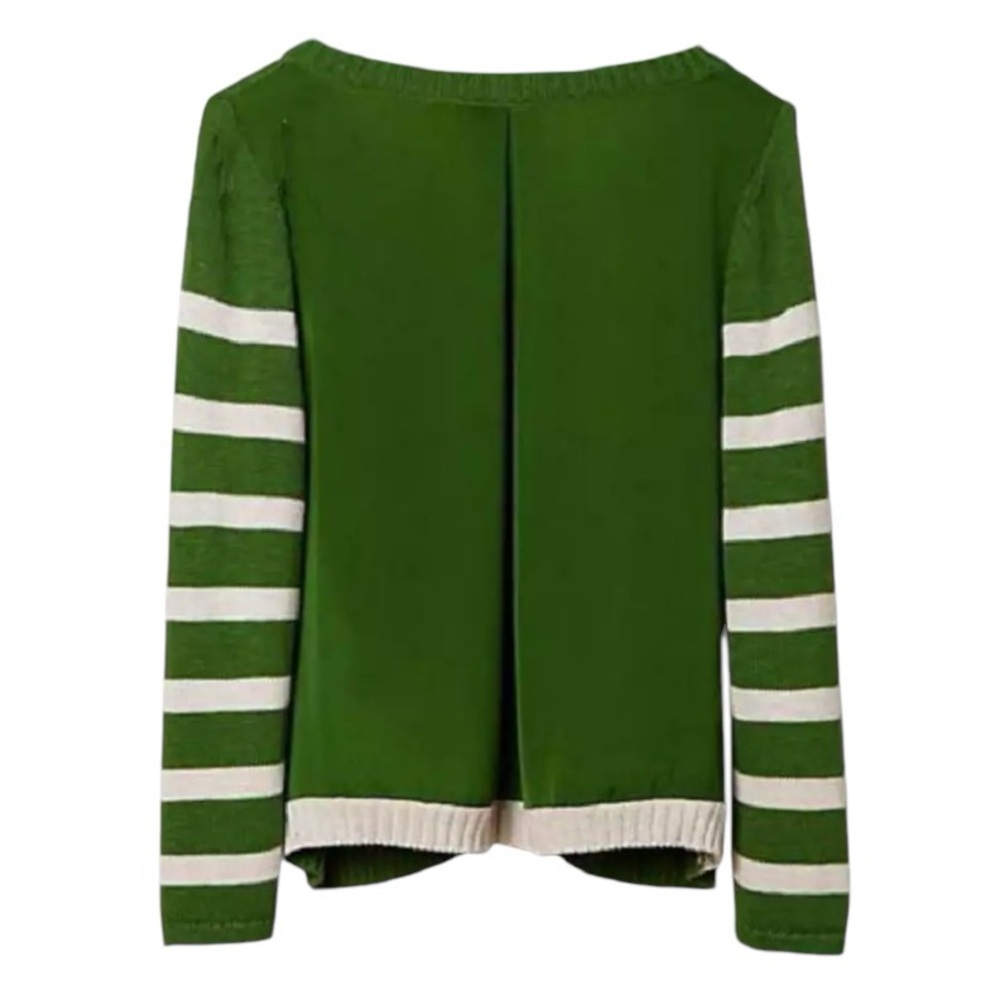 $129 Anthropologie Smooth Back Cardigan Large 10 12 Green White Striped Sweater - Picture 3 of 14